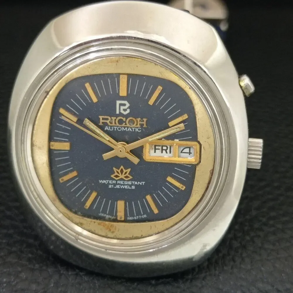 Vintage 1986 Ricoh Automatic Mens Silver Watch W/daydate & Blue accents